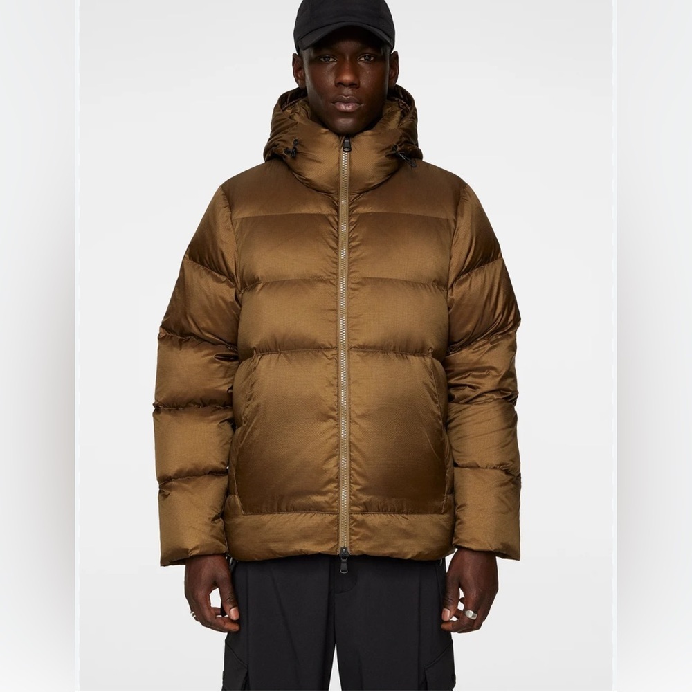 NWT J.Lindeberg Men's Tan Puffer Jacket winter cozy feather filling lightweight